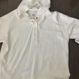 Aerie White Ribbed Hooded Top